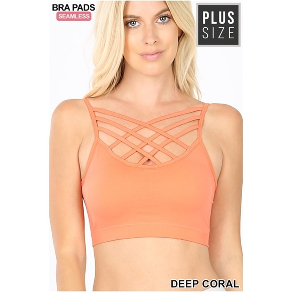 Plus Size Coral Strappy Triple Criss Cross Padded Bralette Seamless Wireless - Picture 4 of 5